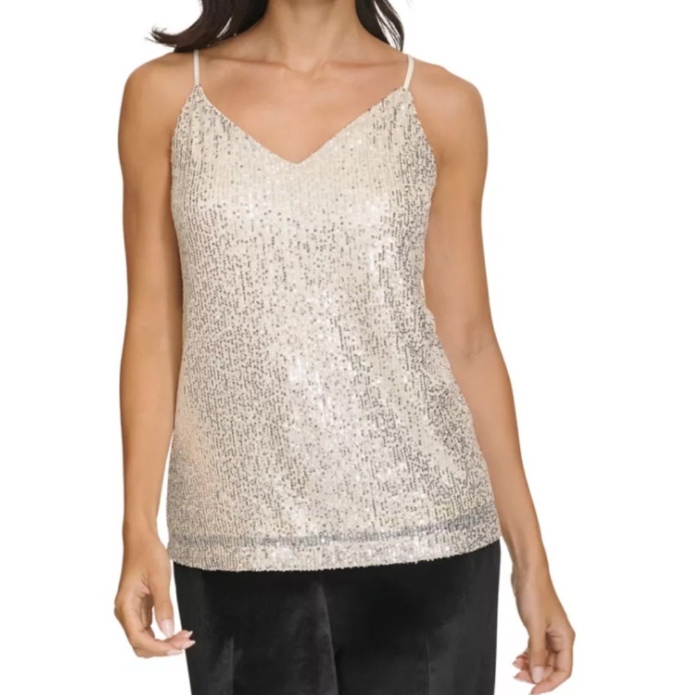 Calvin Klein Sequin Strappy‎ V-Neck Cami Top blouse Sz M